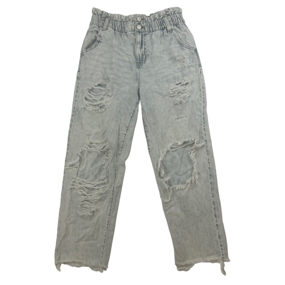 SO Women's Distressed Blue Denim High Rise Mom Jean Size 7/28W Paper Bag Waist